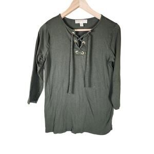 MICHAEL KORS Olive Green Lace Up Front Gold Tone Metal Side Slit 3/4 Sleeve SZ S